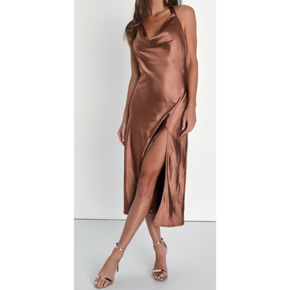 LULU'S SZ S Brown Sophisticated Impression Backless Cowl Neck Midi Dress NEW b37